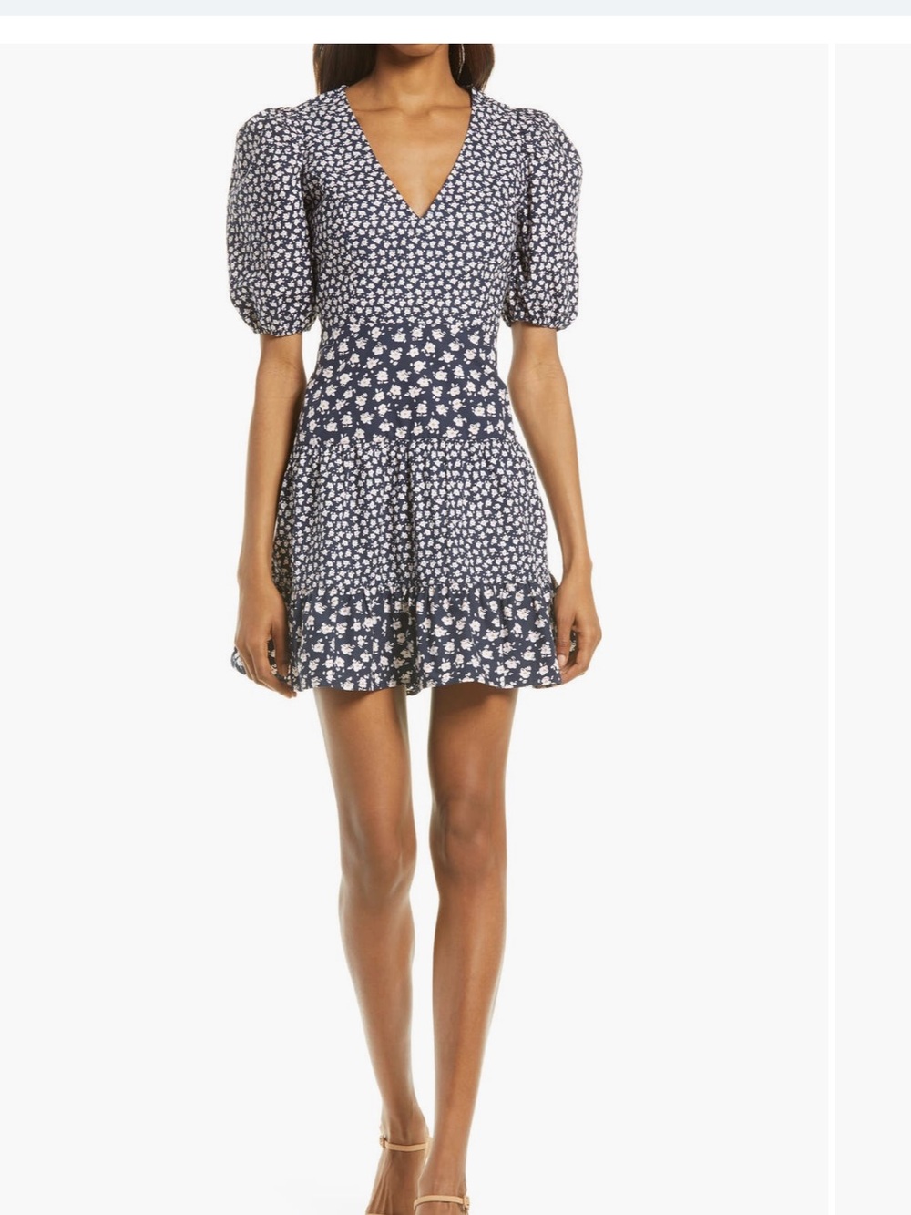French Connection Navy Floral V-Neck Tiered Dress